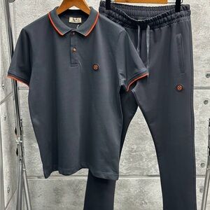 Hermes Men's Black Polo and Jogger Set with Orange Trim